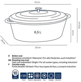 Kela Owalna brytfanna żeliwna z pokrywką CALIDO, jasnoszary, 35 x 26 cm