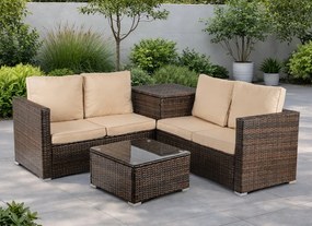 Zestaw mebli ogrodowych Savero, narożnik modułowy ze skrzynią, brązowy technorattan, poduszki beż