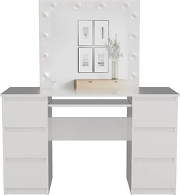 Toaletka| Biurko KUBA | Lustro LED Marina | Biała| 130x51x146 cm | 6 szuflad | Elegancka