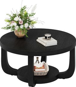 Okrągły stolik kawowy 80 cm, 2-poziomowy stolik kawowy w kształcie koła ze schowkiem, czarny