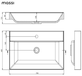 Umywalka z konglomeratu blatowa prostokątna biała NAVI | Różne rozmiary | Z otworem na baterię lub bez : Otwory na baterię - Jeden otwór, Rozmiar - 70 x 45 cm