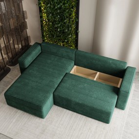 Masseno Narożnik CALTI z funkcją spania i pojemnikiem na pościel Narozniki L, Rozkładana sofa - Butelkowa zieleń, TILIA 39
