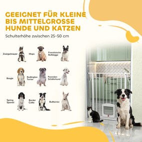 PawHut Bramka zabezpieczająca drzwiowa z drzwiczką dla kota, bez wiercenia, 75-85 cm ze stali dla psów, schody, drzwi, Weiß | Aosom PL