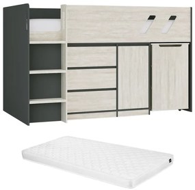 Łóżko piętrowe 90 x 190 cm z biurkiem i schowkami - Antracytowy i naturalny poszarzony + Materac - SAGITI