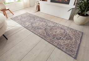 Dywan Terrain designerski Orientalny Ornament Piaskowy Kremowo Niebieski z krótkim włosiem 80 cm x 200 cm Certyfikat Oeko-Tex