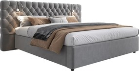 Łóżko z tapicerowanym zagłówkiem 160x200 cm z weluru - z lampką do czytania i stelażem na listwy - Szare