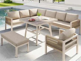 Salon ogrodowy, zestaw mebli z rattanu PE na 6-7 osób - lin - kanapa narożna - z żelaza ocynkowanego - stoły - fotele - ławka, Beżowy