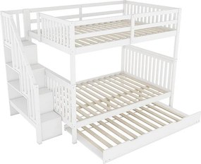 Łóżko piętrowe 140x200cm z drewna sosnowego - z 2 szufladami i łóżkiem wysuwanym - Białe