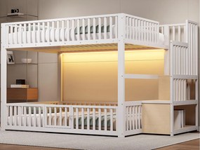 Łóżko piętrowe metalowe 140x200 cm - z drabiną z pojemnikami - barierka bezpieczeństwa - MDF - Biały​ (Materac nie jest wliczony w cenę)