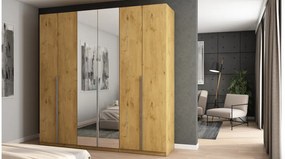 Szafa 6 drzwiowa z lustrem otwierana 240 x 240 cm – dąb lancelot ze srebrnymi uchwytami