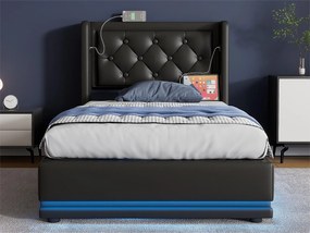 Łóżko tapicerowane 90 x 200 cm z ekoskóry - z funkcją ładowania i LED u stóp łóżka - Czarne