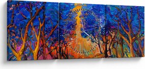 Obraz - Jesienne korony drzew, nowoczesny impresjonizm (z zegarem) (90x30 cm)