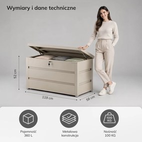 Metalowa skrzynia ogrodowa Carrie 360 litrów, 119 × 58 × 52 cm, kolor beżowy