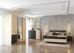 Sypialnia Lunare – zestaw mebli w kolorze artisan i czarnym z łóżkiem 160x200, szafą 3D, komodą i dwoma stolikami nocnymi