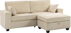 HOMCOM Narożnik z pufą z pojemnikiem, sztruks, 3-osobowy sofa w kształcie L z wypełnieniem sprężynowym, szerokie siedzisko, beżowy | Aosom PL