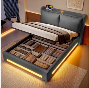 Nowoczesne łóżko z pojemnikiem na pościel - 140 x 190 cm - z zagłówkiem + USB-C + diody LED + zdejmowane poduszki - welur - ciemnoszary