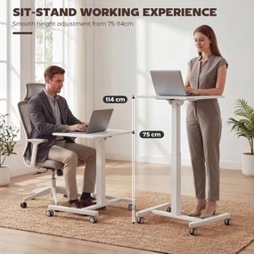 HOMCOM Regulowane Biurko Stojące, Mobilne Biurko z Regulowanym Blatem, Blokada Bezpieczeństwa, Kółka, Białe | Aosom PL