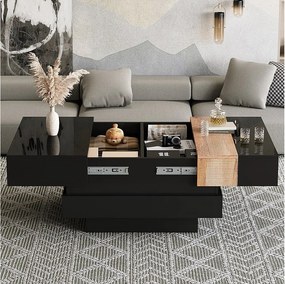 Stolik kawowy lakierowany na wysoki połysk do salonu - 70 x 70 x 39 cm - rozkładany i z ukrytym schowkiem - MDF - czarny