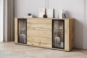 Komoda 150 cm do salonu nowoczesna witryna z przeszkleniami i szuflady wotan mat