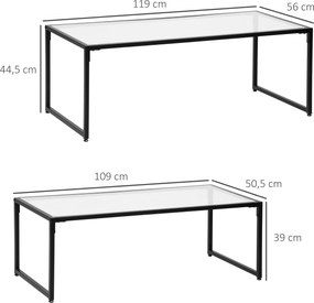 HOMCOM Zestaw 2 Stolików Kawowych Stalowe z Przezroczystym Blatem Nowoczesny Design Czarne 119x56x44.5 cm | Aosom PL