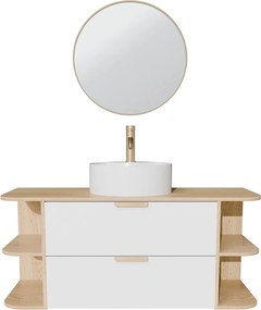 Wisząca szafka łazienkowa z wnękami, nablatową okrągłą umywalką, baterią i lustrem – Biały i jasny naturalny – szer. 120 cm – AVORELI