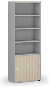 Szafa biurowa kombinowana PRIMO GRAY, drzwi przesuwne na 2 poziomach, 800 x 420 x 2128 mm, szary/dąb naturalny