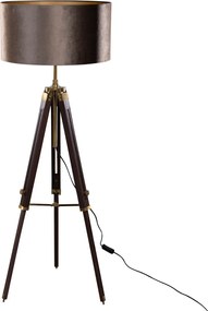 Mosiężna lampa podłogowa na trójnogu z brązowym aksamitnym abażurem 50 cm - Cortin