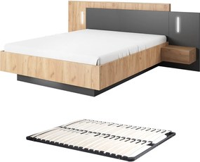 Łóżko z szafkami nocnymi 140 x 190 cm - 2 szuflady - Z oświetleniem LED - Kolory: Naturalny i antracytowy + Stelaż - FRANCOLI