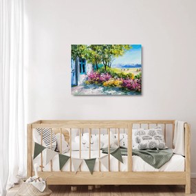 Obraz na szkle ogrodu przed domem, obraz olejny (70x50 cm)