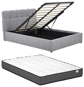 Łóżko ze skrzynią  140 x 190 cm - Tkanina z bukli  - Szary + Materac - MAZIRI