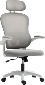 HOMCOM Ergonomiczny Fotel Biurkowy z Siatkowym Oparciem, Wysokość Regulowana, Składane Podłokietniki, 5 Kółek, Funkcja Bujania, Szary
