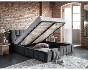 Szare tapicerowane łóżko dwuosobowe ze schowkiem ze stelażem 140x200 cm Lamica – ELTAP