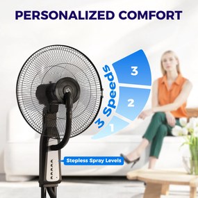 HOMCOM Wentylator z funkcją rozpylania mgiełki, zbiornik 3L, obrotowy o 75 stopni, 3 prędkości, mobilny, 125 cm, Czarny
