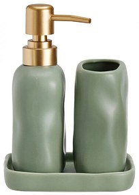 Zestaw łazienkowy EON, ceramiczny dozownik ze złotą pompką, kubek i taca