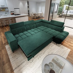 Masseno Narożnik MORIVA z funkcją spania i pojemnikiem na pościel Narozniki L, Rozkładana sofa - Zielony, MONOLITH 37
