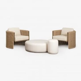 Zestaw Ogrodowy Z 2 Fotelami Ze Stali I Syntetycznego Rattanu Lina Oraz 2 Stolikami Kawowymi Z Cementu Fonelas Tkaniny Gardenia Biel - Sklum