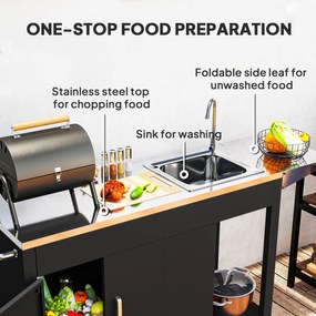 Outsunny Wózek Grillowy z Blatem Roboczym, Składaną Półką, Szafką, Zlewem i Kołami, Stal 162,5x47x87cm Czarny