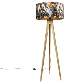 Lampa podłogowa w stylu vintage z drewnianym abażurem w kwiatowy wzór 50 cm - Tripod Classic klasyczny/Antyczny Oswietlenie wewnetrzne