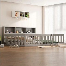 Łóżko 140 x 200 cm z barierkami i szafkami - Drewno sosnowe + MDF - Stelaż listwowy - Szary (bez materaca)