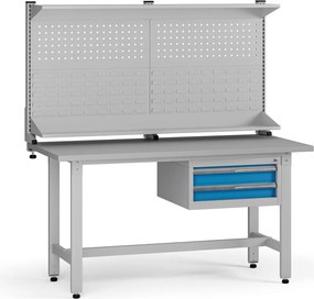 Stół warsztatowy z regulacją wysokości G5 z panelem, 1500 x 750 x 800-1000 mm, 1x kontener, 2x szuflada, niebieski
