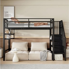 Łóżko antresolowe 90x200 cm, Łóżko młodzieżowe z barierkami i półkami, metalowe - czarne (bez materaca)