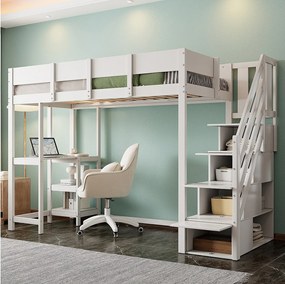 Łóżko antresola z półką - 90 x 200 cm - z biurkiem + schowkiem w schodach - drewno + płyta MDF - białe