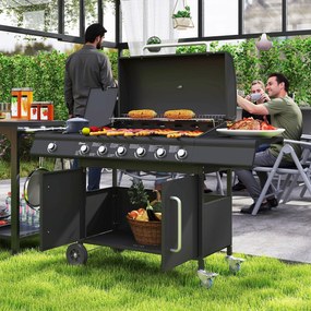 Outsunny Grill Gazowy na Kółkach z Przeszklonym Magazynkiem, Boczny Stół, Boczny Palnik, Półka Grzewcza, Termometr, Stal Nierdzewna, Czarny