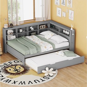 Łóżko wysuwane 140 x 200 cm + 90 x 190 cm z portem USB i schowkiem - lite drewno - szare