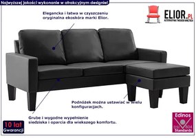 3-osobowa czarna sofa z ekoskóry z podnóżkiem - Lencor 4Q