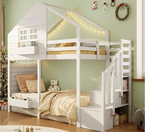 Łóżko na antresoli dziecięce 90x200cm - z drabiną z pojemnikami - z oknem - Drewno lite + MDF - Biały (bez materaca)