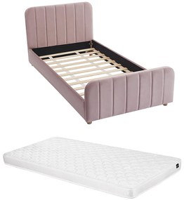 Łóżko 90 x 190 cm - Welur z pionowymi przeszyciami - Różowy + Materac - ROGADI
