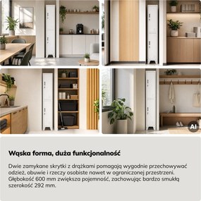 Szafka ubraniowa metalowa pracownicza głęboka 2-drzwiowa biała, 292x1720x600 mm: BARTEK 1 Plus D600