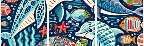 Obraz – Rysowane zwierzęta wodne (z zegarem) (90x30 cm)