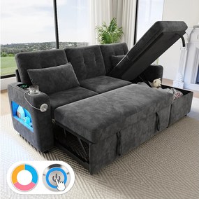 Sofa narożna 3-osobowa z funkcją spania - 206 x 131 x 85 cm - ze schowkiem + diodami LED + USB + uchwytami na kubki - welur - szary